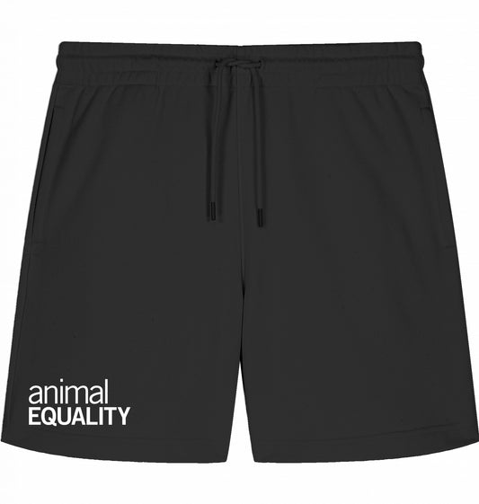 Schwarze kurze Jogginghose mit weißem Animal Equality Logo auf dem rechten Oberschenkel